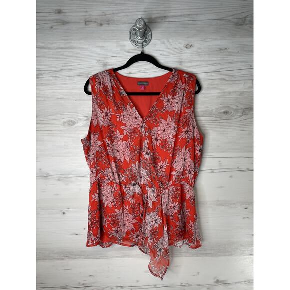 Vince Camuto Blouse Womens 1X Red Floral Wrap Tie Waist Sleeveless Top - Picture 1 of 9